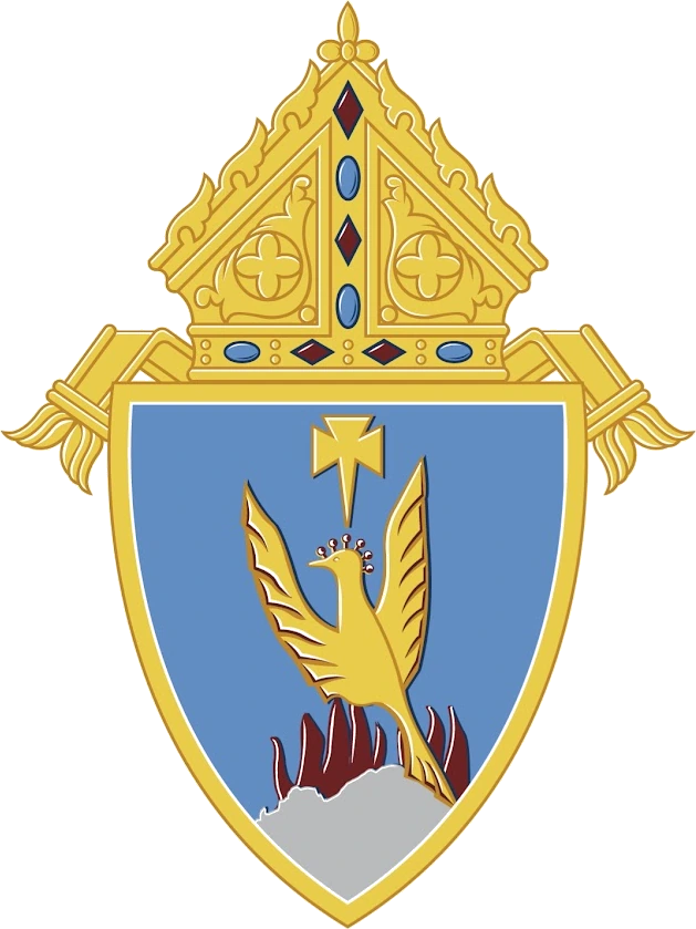 The coat of arms of the Roman Catholic Diocese of Phoenix &mdash; a phoenix rising above flames, crowned by a mitre