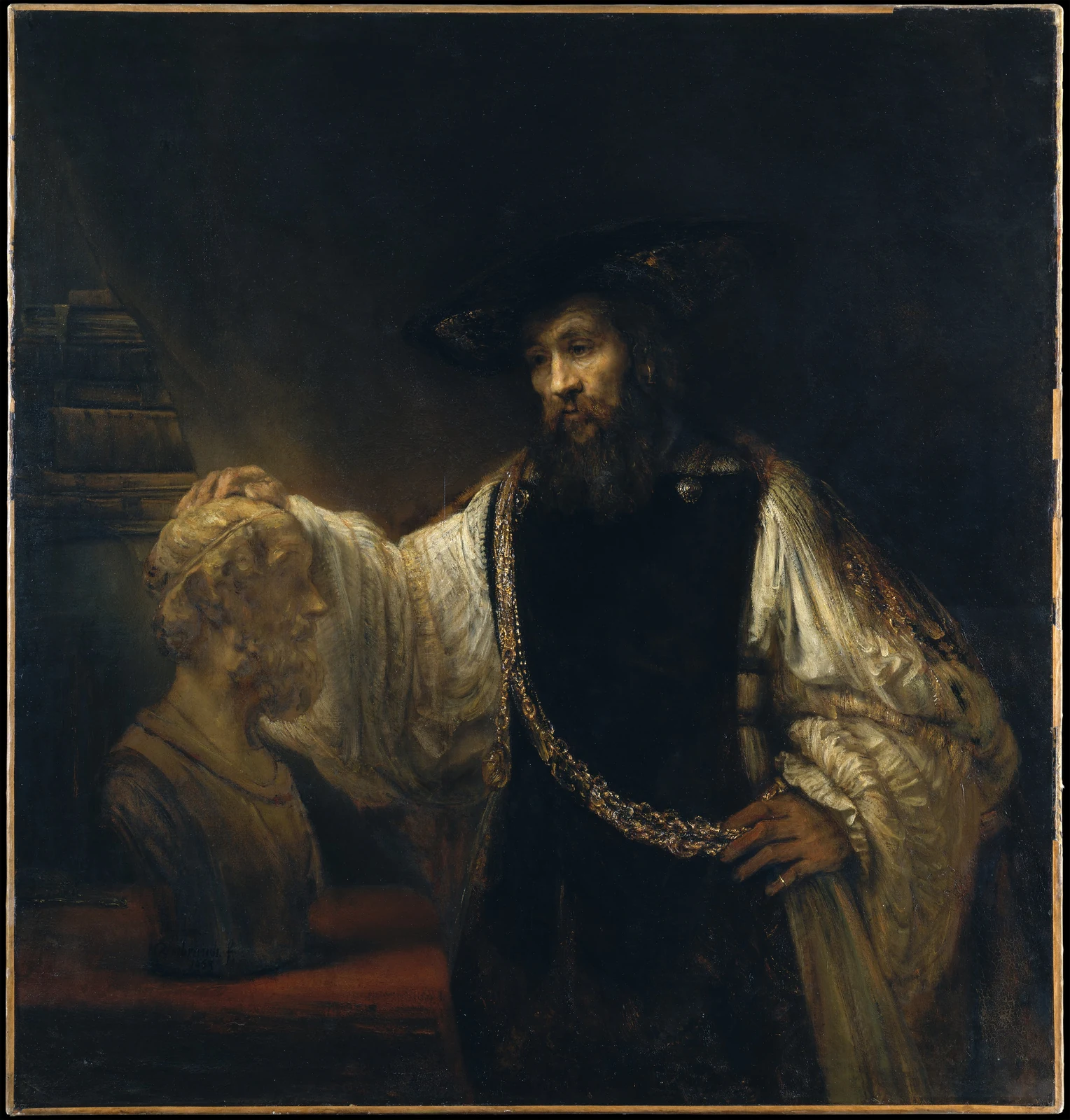 Rembrandt &mdash; Aristotle with a Bust of Homer, 1653 &mdash; the philosopher in a black gown and gold chain resting his hand on a marble bust of Homer