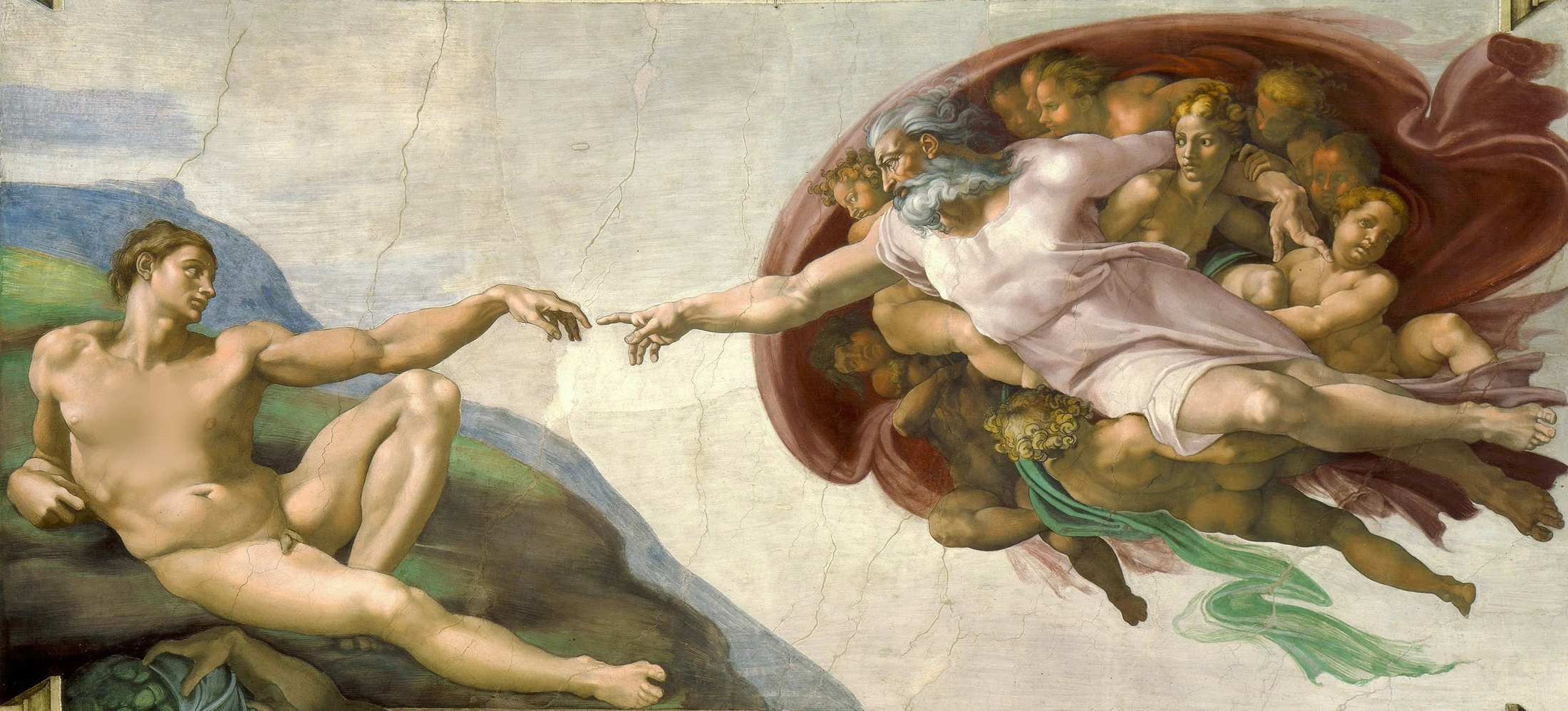 The Creation of Adam by Michelangelo, 1508-1512 &mdash; God reaching across the space to touch the outstretched finger of Adam on the Sistine Chapel ceiling
