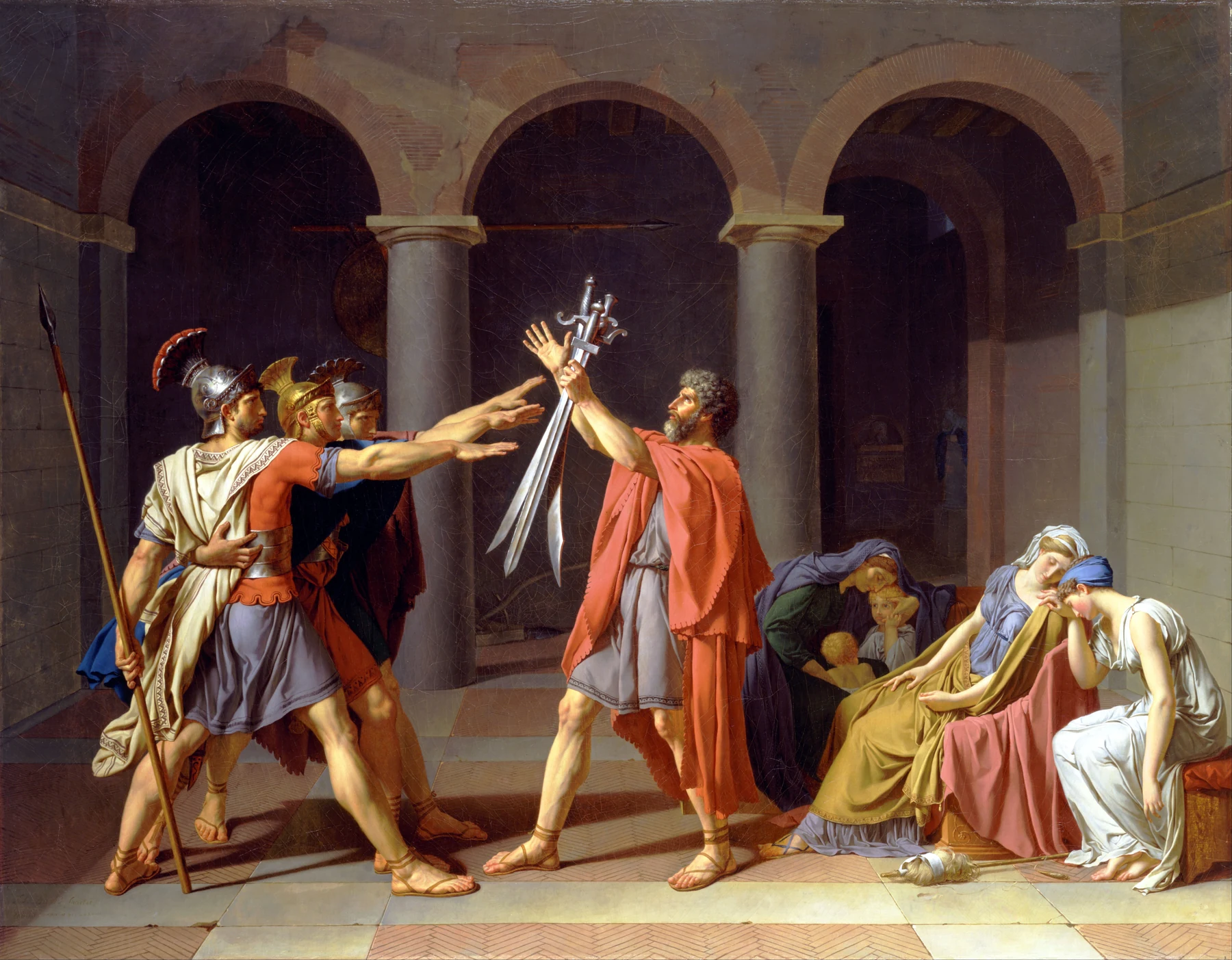 The Oath of the Horatii by Jacques-Louis David, 1784 &mdash; three brothers swearing an oath to defend Rome as their father raises swords above them