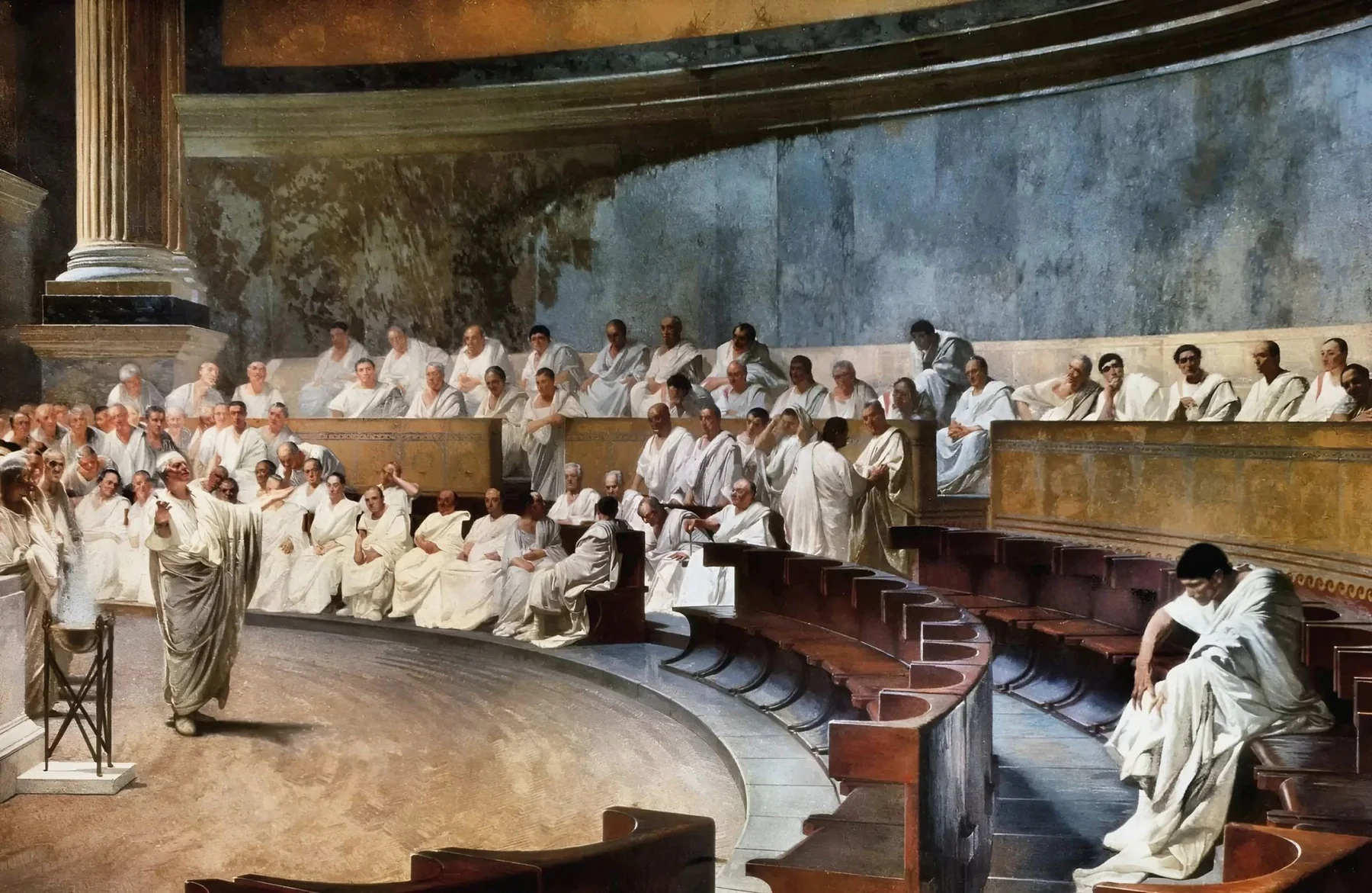 Cicero Denounces Catiline by Cesare Maccari, 1889 &mdash; Cicero standing in the Roman Senate with arm outstretched toward an isolated Catiline