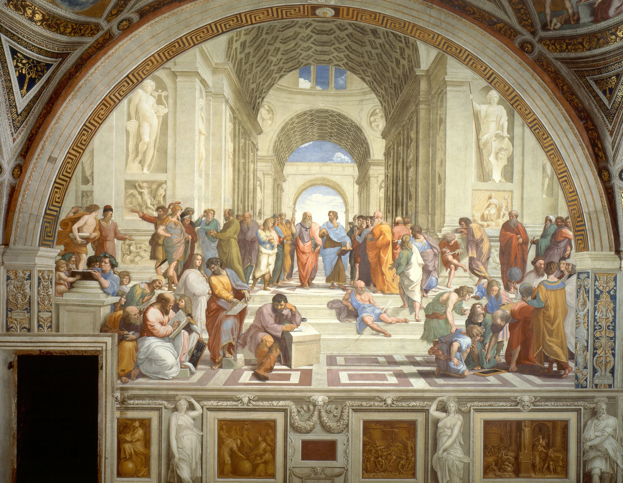 Raphael, The School of Athens (1509–1511) — Plato and Aristotle at the center of a classical colonnade, surrounded by the philosophers of antiquity