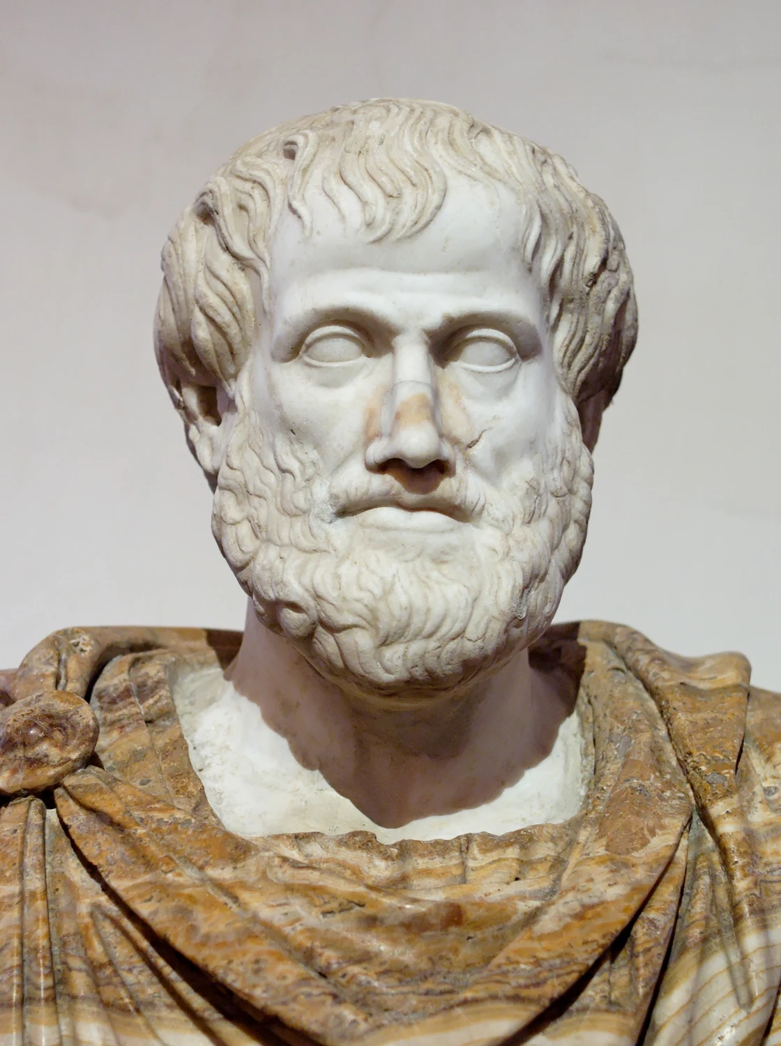 Portrait bust of Aristotle, Roman marble copy after Lysippos &mdash; disciplined curls, furrowed brow, the father of the Western philosophical tradition
