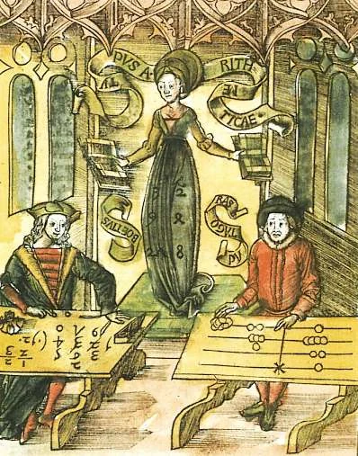 Gregor Reisch &mdash; Arithmetica from Margarita Philosophica, 1503 &mdash; Dame Arithmetica presiding over Boethius and Pythagoras