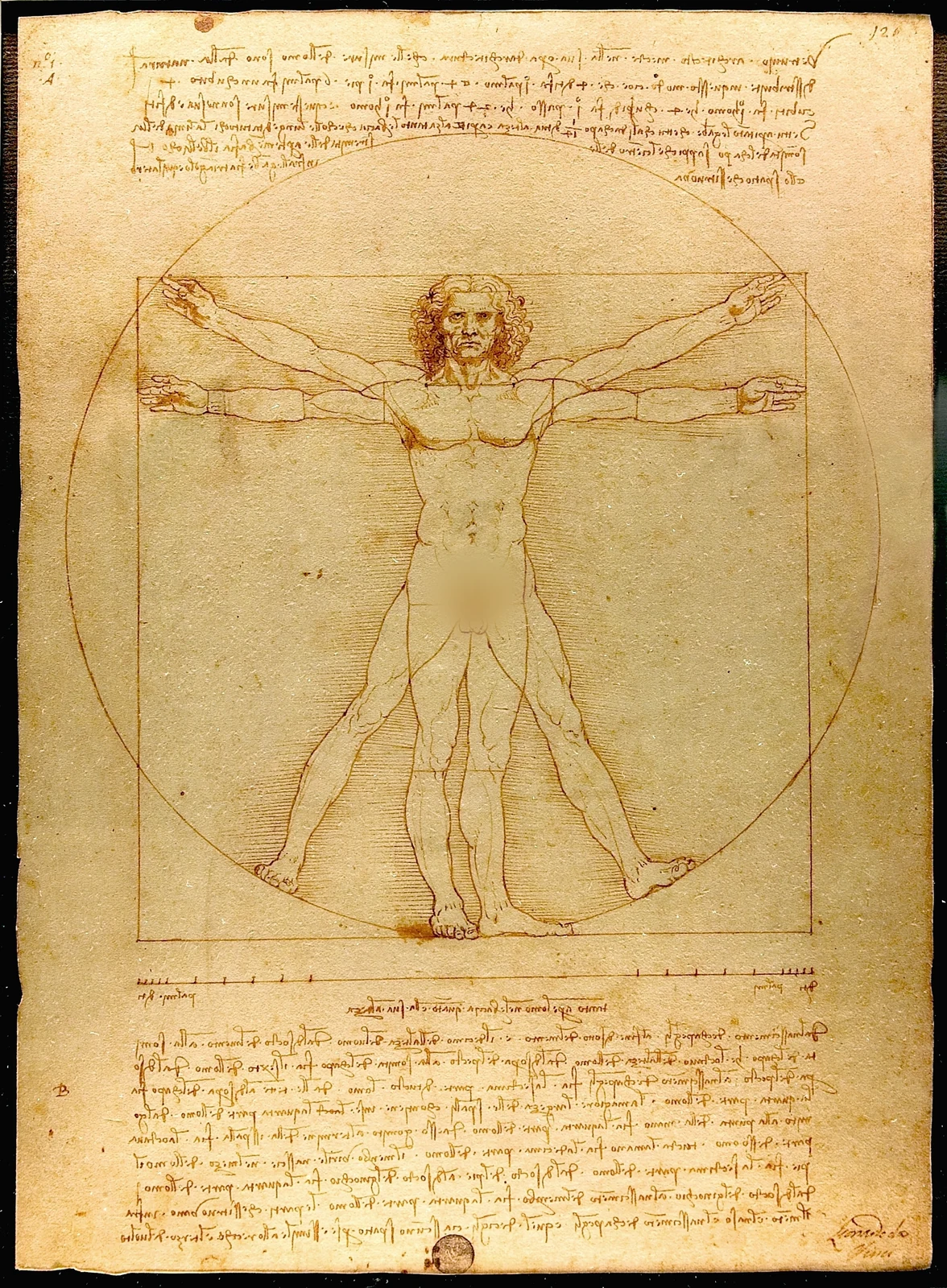 Vitruvian Man by Leonardo da Vinci, c. 1490 &mdash; the nude human figure inscribed in both a circle and a square with Leonardo's mirror-script notes around it