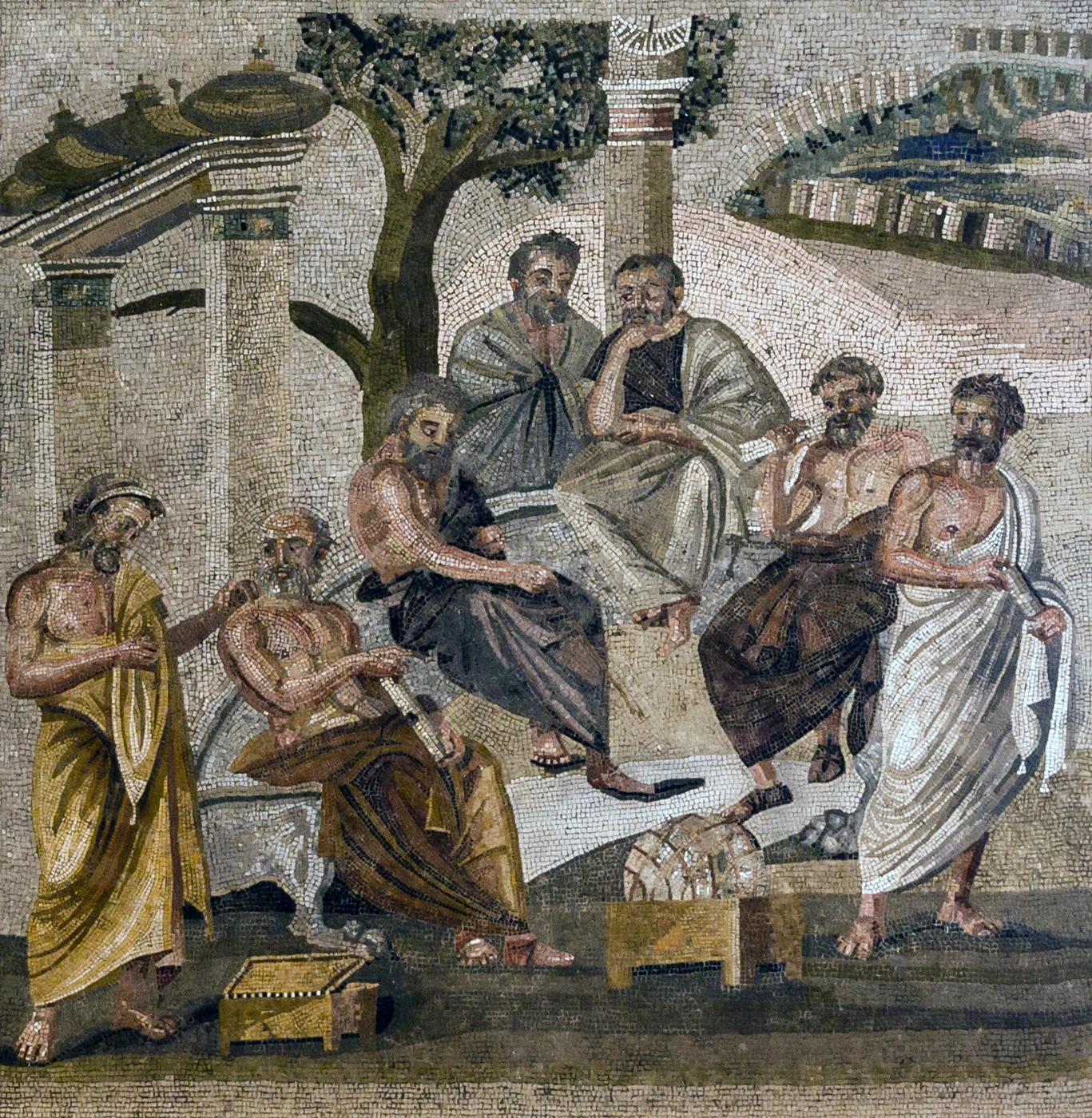 Plato&rsquo;s Academy mosaic from Pompeii, 1st century B.C., philosophers gathered in dialogue