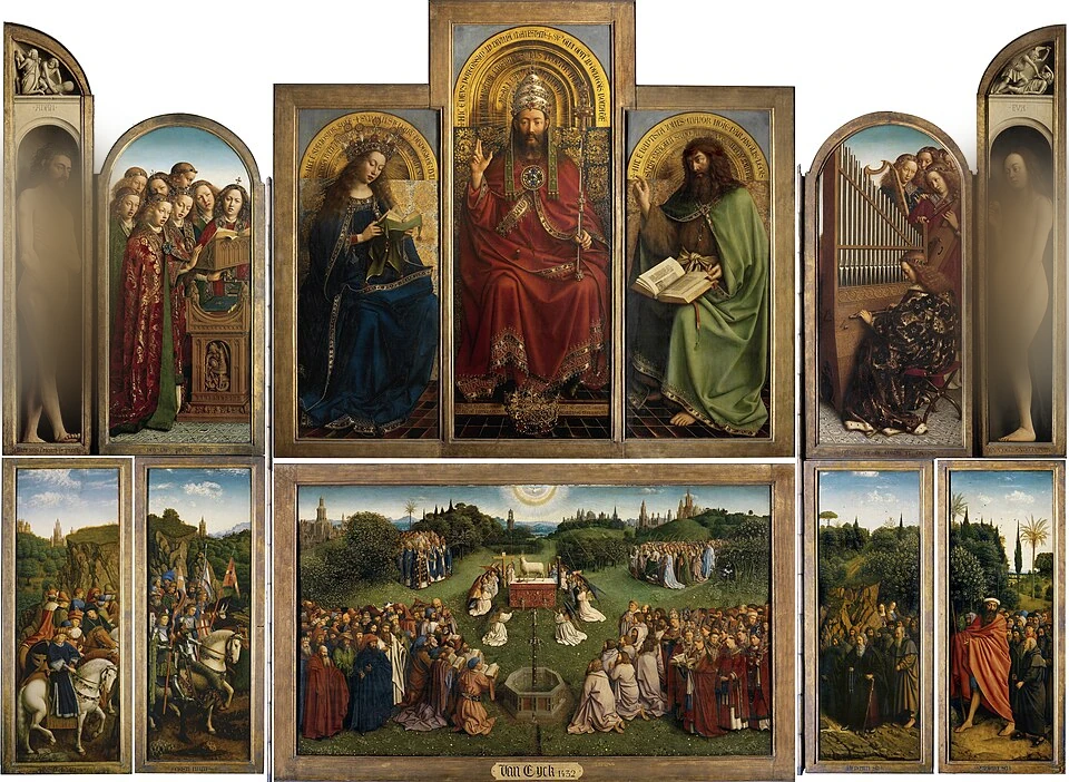 Jan and Hubert van Eyck, The Ghent Altarpiece (Adoration of the Mystic Lamb), 1432, open view showing all twelve panels