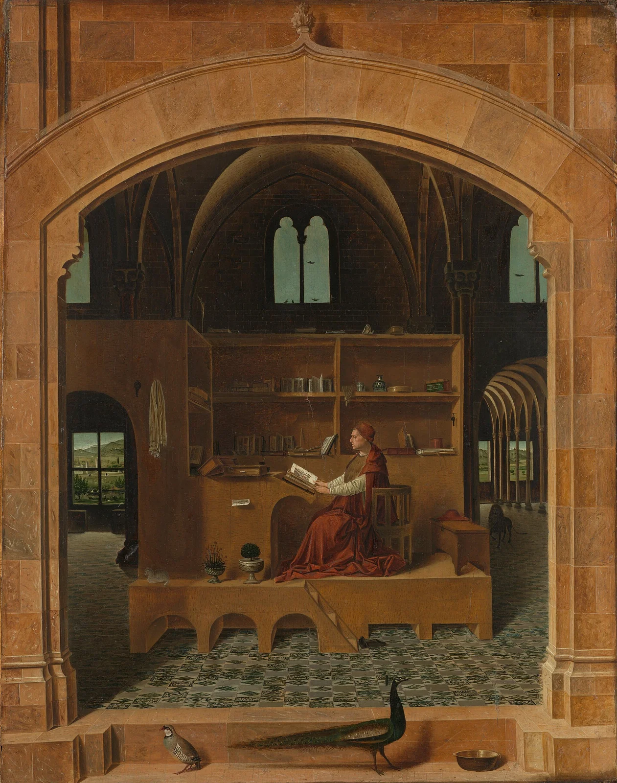 Saint Jerome in His Study by Antonello da Messina, c. 1475 &mdash; the scholar at his desk surrounded by books and instruments