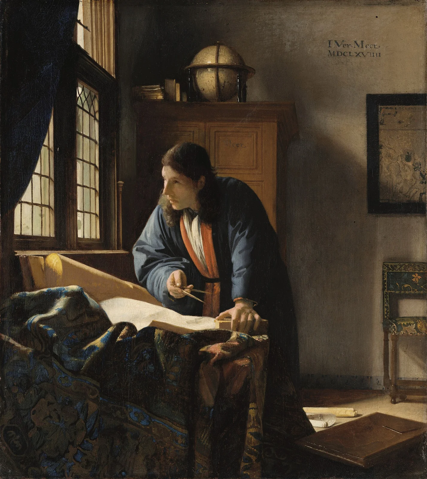 The Geographer by Johannes Vermeer, 1669 &mdash; a scholar at his desk with a map, globe, and dividers